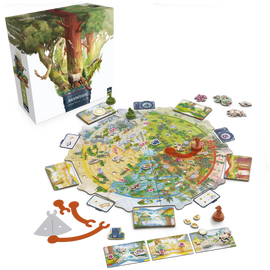 The game Redwood by SIT DOWN! GAMES displayed with its vibrant and colorful game board, featuring various animal figures, tokens, and cards. The box showcases a majestic redwood tree and wildlife, indicative of the game's nature theme.