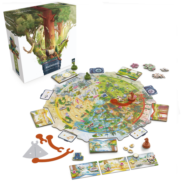 The game Redwood by SIT DOWN! GAMES displayed with its vibrant and colorful game board, featuring various animal figures, tokens, and cards. The box showcases a majestic redwood tree and wildlife, indicative of the game's nature theme.