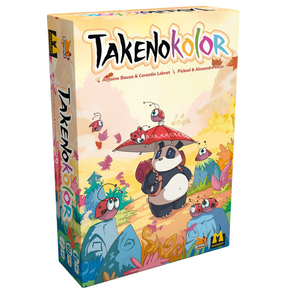 The Takenokolor game box by Matagot features vibrant illustrations of a panda carrying a backpack, surrounded by colorful insects and flowers. The box showcases playful characters in a whimsical landscape, designed for fun gameplay.