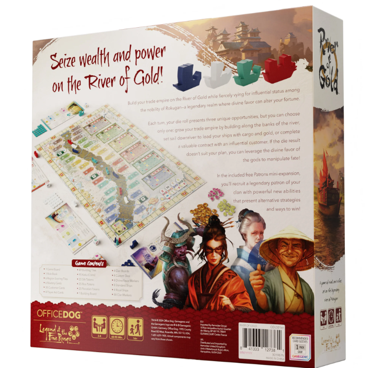 The game 'River of Gold' by Office Dog features a colorful board setup for building trade empires along a river. The image shows the game's back cover with details on gameplay, including dice mechanics, trade routes, and the opportunity to recruit patrons for enhanced strategies. The board includes illustrated components such as game tokens and characters set in a fantasy realm, adding an immersive touch to the gaming experience.