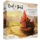 The game 'River of Gold' by Office Dog features an intricately designed box depicting a serene river landscape, traditional boats with red sails navigating the golden water, and lush green hills in the background. The title is prominently displayed, emphasizing its theme of competition and wealth along the legendary river of Rokyan.