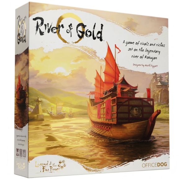 The game 'River of Gold' by Office Dog features an intricately designed box depicting a serene river landscape, traditional boats with red sails navigating the golden water, and lush green hills in the background. The title is prominently displayed, emphasizing its theme of competition and wealth along the legendary river of Rokyan.