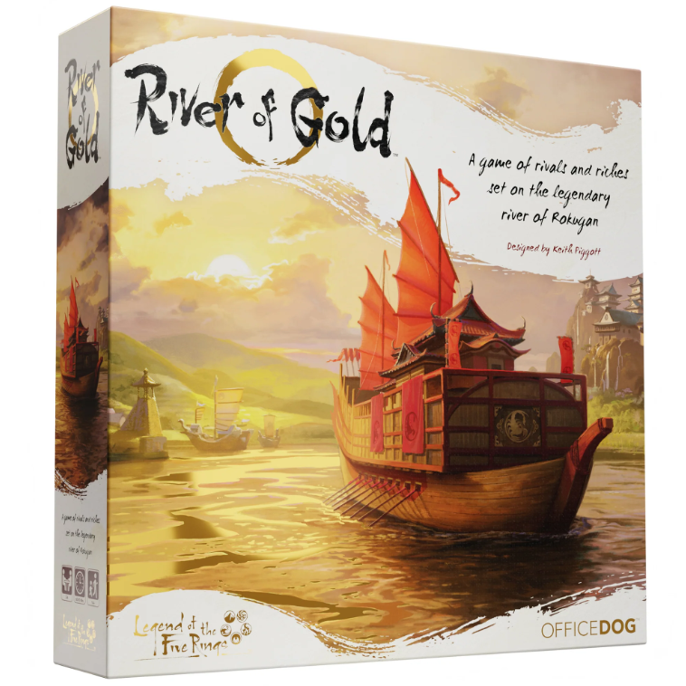 The game 'River of Gold' by Office Dog features an intricately designed box depicting a serene river landscape, traditional boats with red sails navigating the golden water, and lush green hills in the background. The title is prominently displayed, emphasizing its theme of competition and wealth along the legendary river of Rokyan.