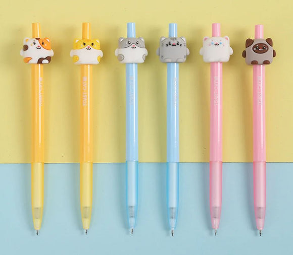 Six colorful Toast Cats retractable gel pens featuring adorable cat-shaped toppers. The pens include yellow, blue, and pink barrels with unique cat designs, perfect for adding a playful touch to your writing.