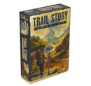 The Trail Story America game box by WizKids features a vibrant illustration of a hiker exploring a picturesque landscape filled with mountains, trees, and a river. The box prominently displays the title 'Trail Story America' at the top, emphasizing adventure and exploration themes.