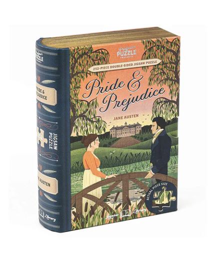 A beautifully illustrated jigsaw puzzle box featuring the title 'Pride & Prejudice' by Jane Austen. The design showcases a romantic scene of two characters by a bridge, surrounded by lush greenery. The puzzle is a 252-piece double-sided edition, perfect for fans of classic literature.