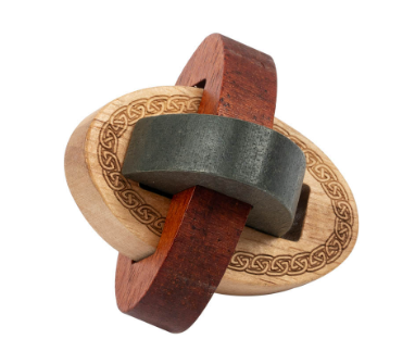 A beautifully crafted Lost & Found Celtic Knot Puzzle by Professor Puzzle, featuring intricate wooden patterns and a unique mechanical design. The puzzle comprises interlocking wooden and metal components, showcasing a harmonious blend of craftsmanship and challenge, perfect for puzzle enthusiasts.