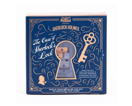 The Case of Sherlock's Lock Puzzle by Professor Puzzle showcases an intricate mechanical puzzle featuring a colorful design centered around a keyhole and a vintage key. The box features images and text related to Sherlock Holmes, hinting at a mystery to be solved. Perfect for puzzle enthusiasts and fans of detective stories, this puzzle encourages critical thinking and problem-solving skills.