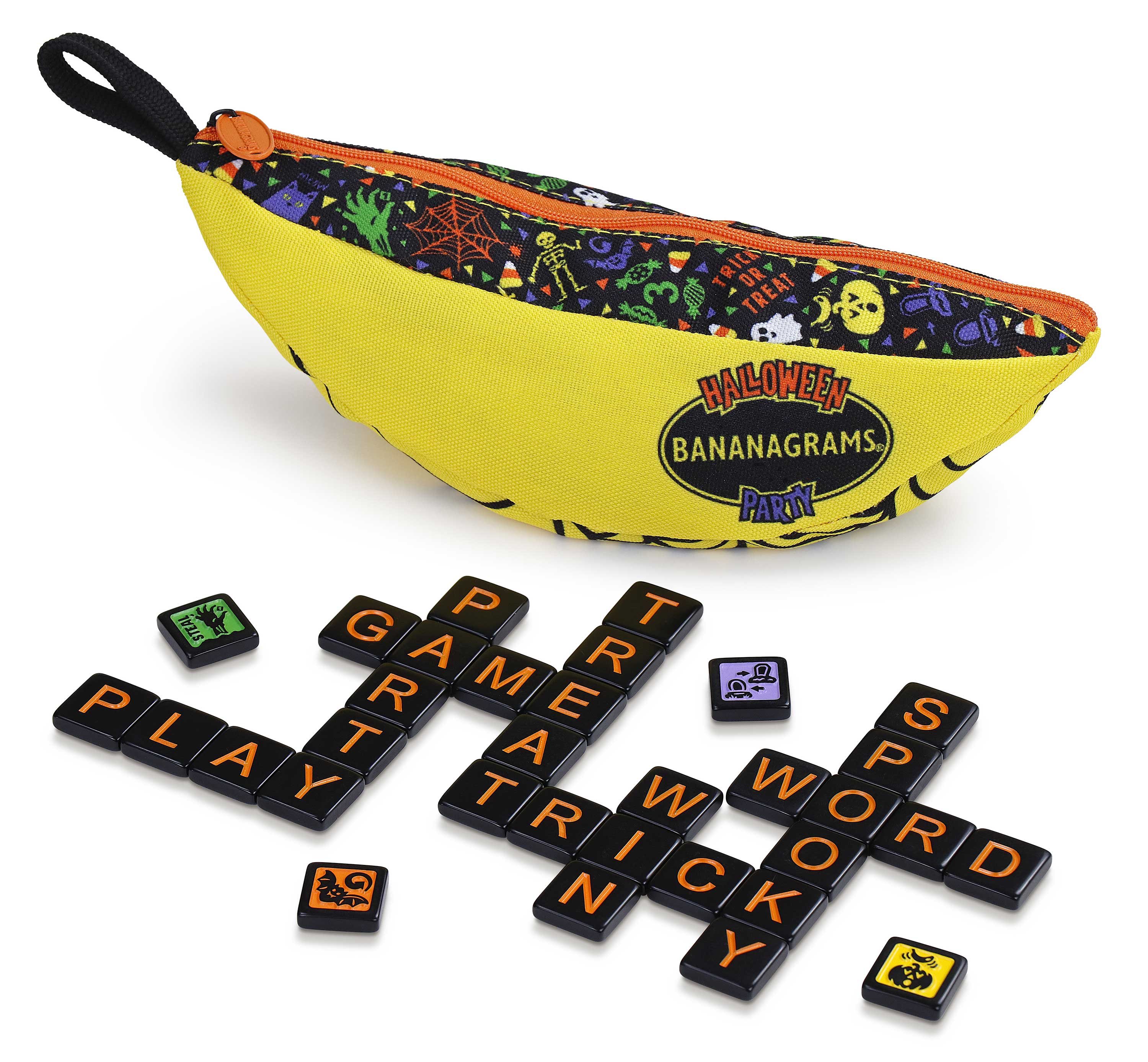 A vibrant Halloween-themed Bananagrams game pouch in the shape of a banana, featuring spooky patterns. The pouch is open, revealing black letter tiles with Halloween graphics and words like 'TRICK', 'TREAT', and 'PLAY' arranged on a surface. Ideal for wordplay and fun during Halloween gatherings.