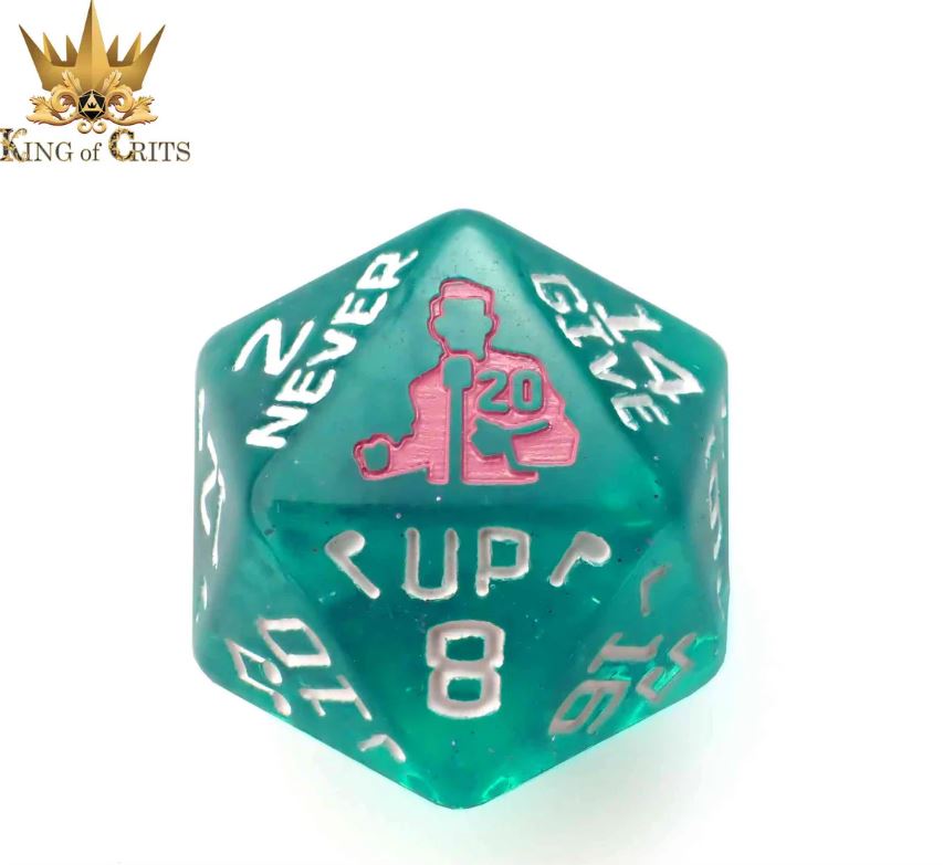 A close-up view of the Rick Rolled - 34mm D20 die from King of Crits. The die features a turquoise color with pink inscriptions including numbers and playful phrases. Ideal for tabletop gaming enthusiasts.