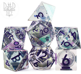 A set of six glittering polyhedral RPG dice from DND Dice, featuring a liquid core with vibrant colors and numbers in a deep purple hue. The arrangement shows a mix of standard RPG dice shapes, including a d20, d12, d10, and d8, all showcasing shimmering glitter and clear resin finishes that reflect light beautifully.