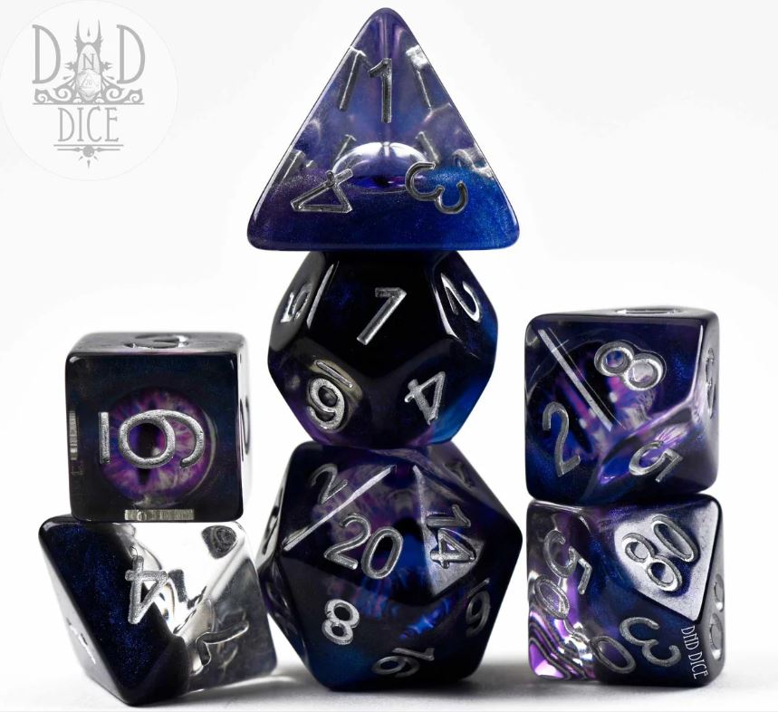 A collection of intricately designed polyhedral dice in shades of purple and black, featuring silver numbers. The distinctive shapes include a d20, d12, d10, d8, and d6, showcasing a vibrant swirl pattern that evokes a mystical and eldritch theme, perfect for tabletop gaming.