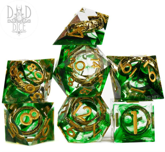 A collection of six beautifully crafted emerald green RPG dice from DND Dice, featuring intricate golden numbers and designs. The dice include a d20, d12, d10, d8, d6, and d4, showcasing a bright and shiny clear finish that enhances the vibrant green color. Perfect for tabletop gaming and enhancing your role-playing experience.