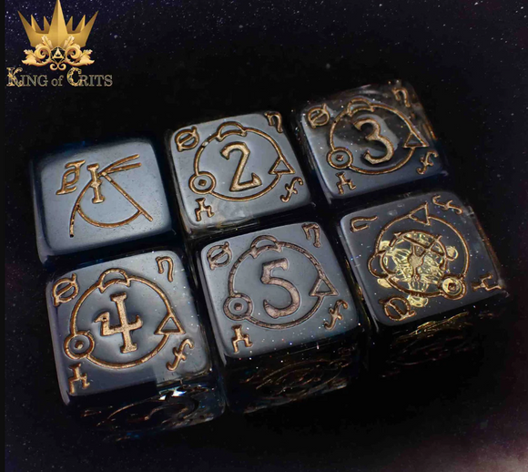 The Ritual 11pc RPG Dice Set by King of Crits featuring intricately designed, shimmering black dice with gold symbols and numbers. The dice are perfect for tabletop role-playing games, providing a magical touch to your gaming experience.