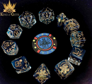A vibrant 11-piece RPG dice set displayed on a black background. The blue and transparent dice feature intricate gold engravings, including various shapes like d20, d12, and d4, arranged around a circular D&D dice logo.