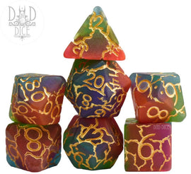 Crackin' Up RPG Dice Set featuring vibrant, multi-colored polyhedral dice with gold numbering. The set includes various shaped dice stacked creatively, showcasing unique design and craftsmanship by DND Dice, ideal for tabletop gaming enthusiasts.