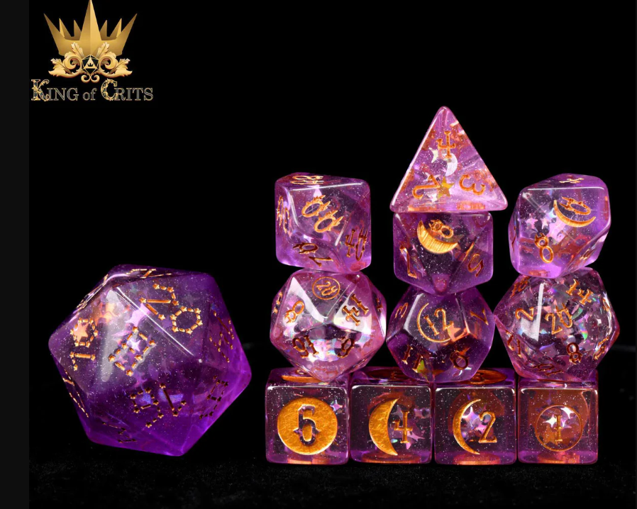 A collection of 12 beautifully crafted RPG dice from King of Crits, featuring a mesmerizing moonlit night theme. The dice are a mix of purple transparency with golden numbers and celestial symbols, showcasing various shapes including a D20, D12, D10, and more. Each die is set against a sleek black background, enhancing their vibrant colors. Perfect for tabletop RPG games and collectors alike.