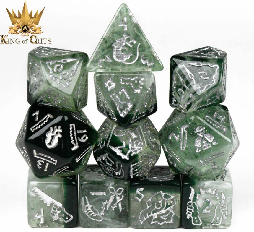 A 11-piece Plague Doctor dice set by King of Crits featuring various polyhedral dice in green and black tones with intricate silver engravings, perfect for tabletop gaming.