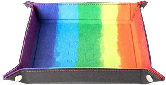 Colorful Rainbow Velvet Folding Dice Tray by FanRoll, featuring a vibrant gradient from red to purple, made of soft velvet material with sturdy sides and snap fasteners for portability, perfect for tabletop gaming.