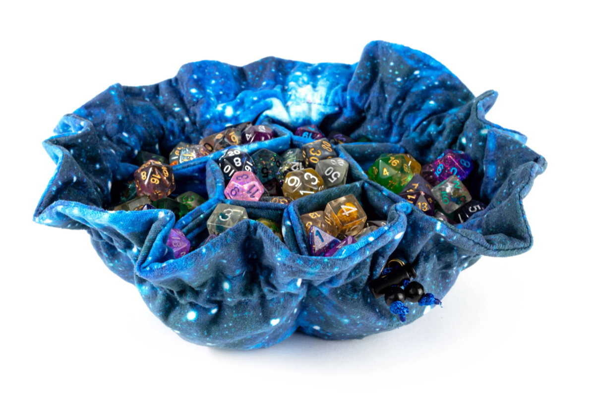 Galaxy Velvet 7 Pocket Dice Bag featuring a vibrant cosmic design, designed to hold and organize various dice with seven spacious pockets, perfect for tabletop gaming enthusiasts.