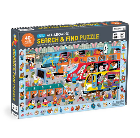 The All Aboard! Train Station jigsaw puzzle by Mudpuppy features a vibrant train station scene filled with playful characters and colorful trains. It challenges puzzlers to assemble 64 pieces while finding 40 hidden objects.