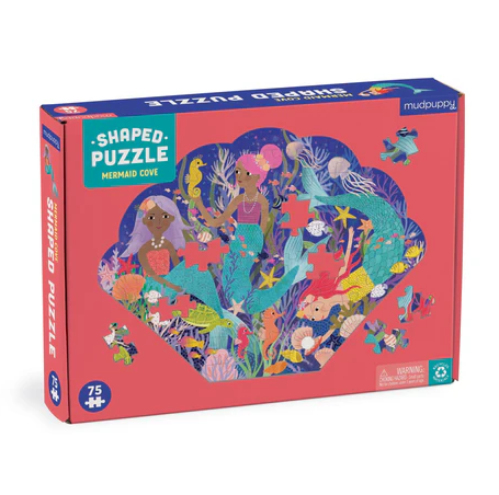 Mermaid Cove Shaped Puzzle by Mudpuppy featuring colorful illustrations of mermaids, sea creatures, and underwater plants. The puzzle is shaped like a heart and contains 75 pieces, making it a fun and engaging activity for children and families.