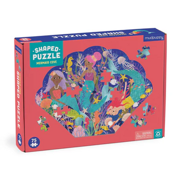 Mermaid Cove Shaped Puzzle by Mudpuppy featuring colorful illustrations of mermaids, sea creatures, and underwater plants. The puzzle is shaped like a heart and contains 75 pieces, making it a fun and engaging activity for children and families.