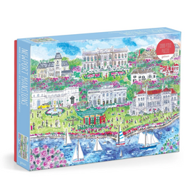 Newport Mansions jigsaw puzzle featuring a vibrant illustration of historic mansions surrounded by lush gardens and blossoming flowers, with boats sailing in a scenic waterway. This 1000-piece puzzle by Michael Storrings offers a delightful challenge for puzzle enthusiasts and lovers of architecture.