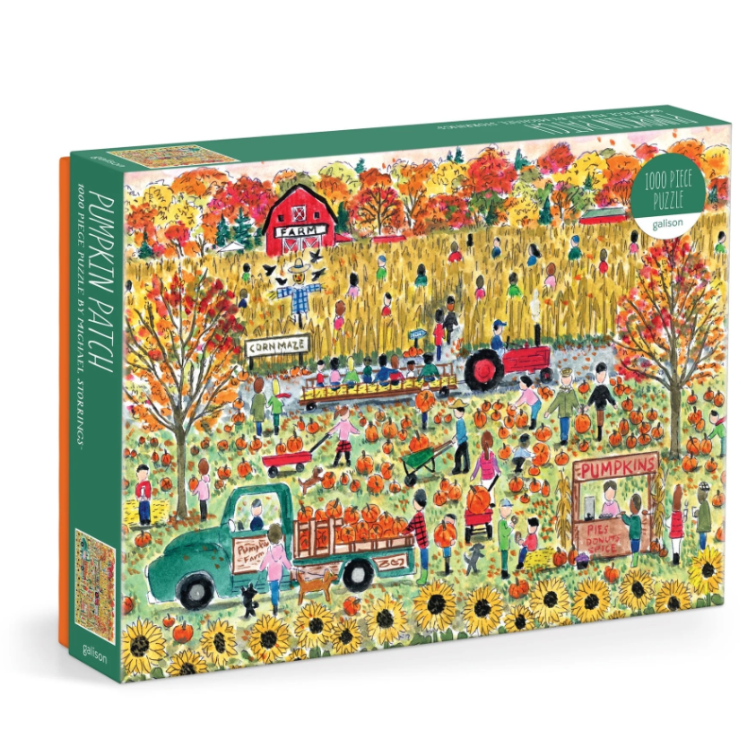 Pumpkin Patch Michael Storring jigsaw puzzle by Galison featuring a vibrant autumn scene with a pumpkin patch, a corn maze, a red tractor, and families enjoying the fall festivities. The puzzle box displays colorful illustrations of sunflowers, children picking pumpkins, and a farm setting.