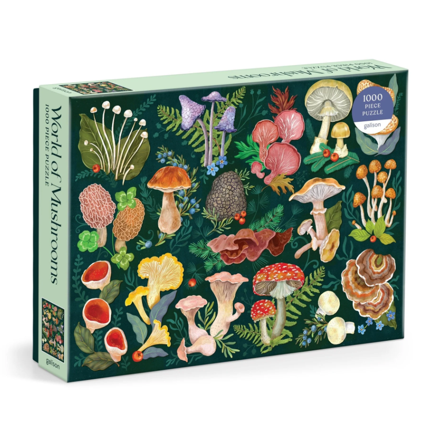 Jigsaw puzzle titled 'World of Mushrooms' featuring a vibrant and detailed illustration of various mushrooms and foliage against a dark background. The puzzle contains 1000 pieces and is made by Galison, perfect for mushroom enthusiasts and puzzle lovers alike.