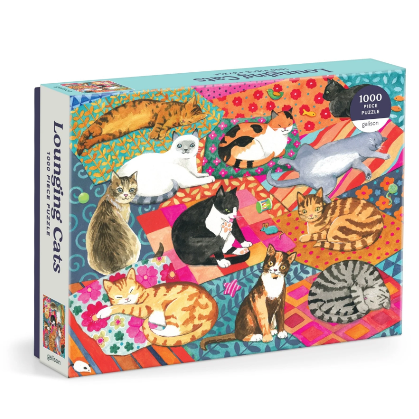 A colorful 1000-piece jigsaw puzzle titled 'Lounging Cats' by Galison, featuring various illustrated cats lounging on vibrant patterned blankets. The design includes cats of different breeds and colors, capturing a playful and cozy atmosphere, perfect for cat lovers and puzzle enthusiasts alike.