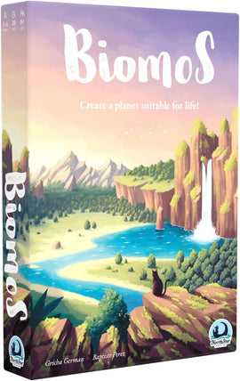 The game 'Biomos' by North Star Games features a vibrant box cover depicting a picturesque landscape. The artwork showcases a beautiful mountainous terrain with a waterfall cascading into a serene lake. Lush greenery and distant mountains fill the scene, while a cat sits peacefully on a rocky outcrop, observing the natural beauty around it. The title 'Biomos' is prominently displayed, emphasizing the game's theme of creating a planet suitable for life.