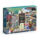 The World of Curiosities jigsaw puzzle by Galison features a whimsical illustration filled with colorful, intricate images of various curiosities and oddities. The scene includes playful characters interacting with fascinating sea creatures and an array of peculiar specimens displayed in vibrant detail.