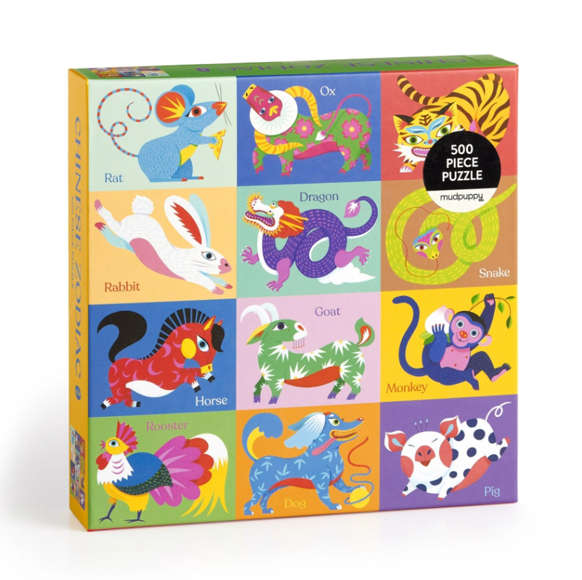 Mudpuppy Chinese Zodiac jigsaw puzzle featuring 12 illustrated animals representing the Chinese zodiac. The box displays vibrant colors and playful designs for Rat, Ox, Dragon, Snake, Rabbit, Goat, Horse, Rooster, Dog, Monkey, Pig, and a whimsical version of each animal, suitable for ages 6 and up. The puzzle includes 500 pieces and engages creativity and learning.