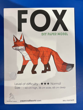 Walking Fox 3D Papercraft DIY kit featuring a geometric design of a fox, primarily in shades of orange and white. The model is 40 cm high, 38 cm wide, and 68 cm deep. It has a difficulty level of three stars, indicating a normal challenge for crafters looking to create a striking decorative piece.