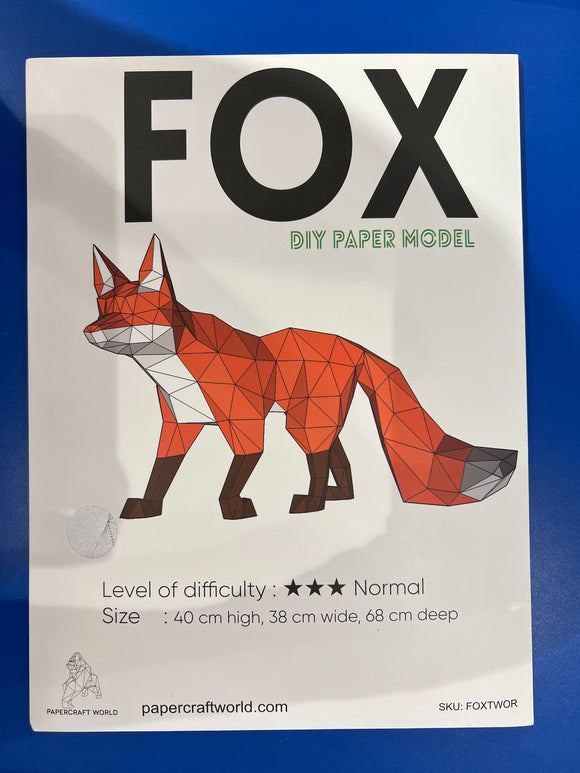 Walking Fox 3D Papercraft DIY kit featuring a geometric design of a fox, primarily in shades of orange and white. The model is 40 cm high, 38 cm wide, and 68 cm deep. It has a difficulty level of three stars, indicating a normal challenge for crafters looking to create a striking decorative piece.
