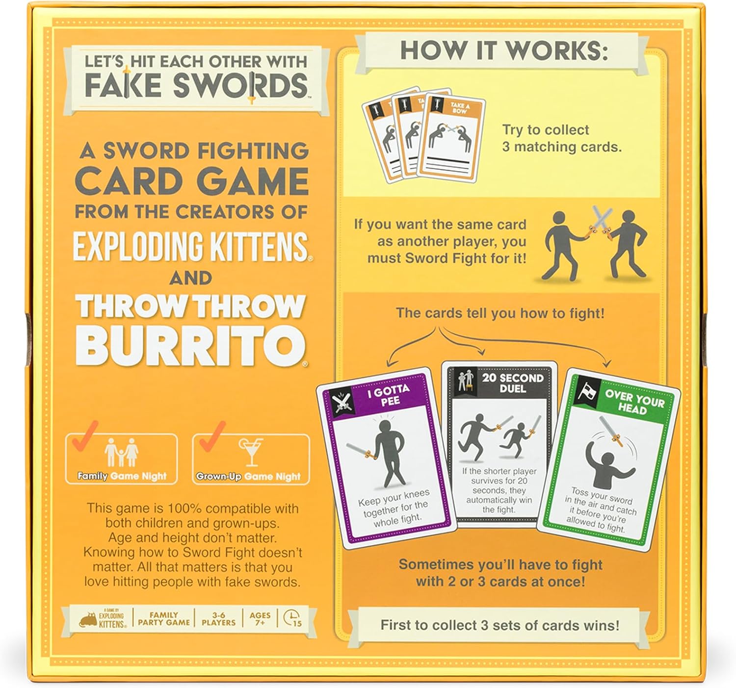 The box of 'Let's Hit Each Other With Fake Swords,' a card game by Exploding Kittens. The bright yellow packaging features playful graphics and text describing how to play, emphasizing it as a fun, family-friendly game suitable for all ages. Instructions include card collection and sword fighting mechanics, with visuals of different action cards and characters engaged in sword fights.