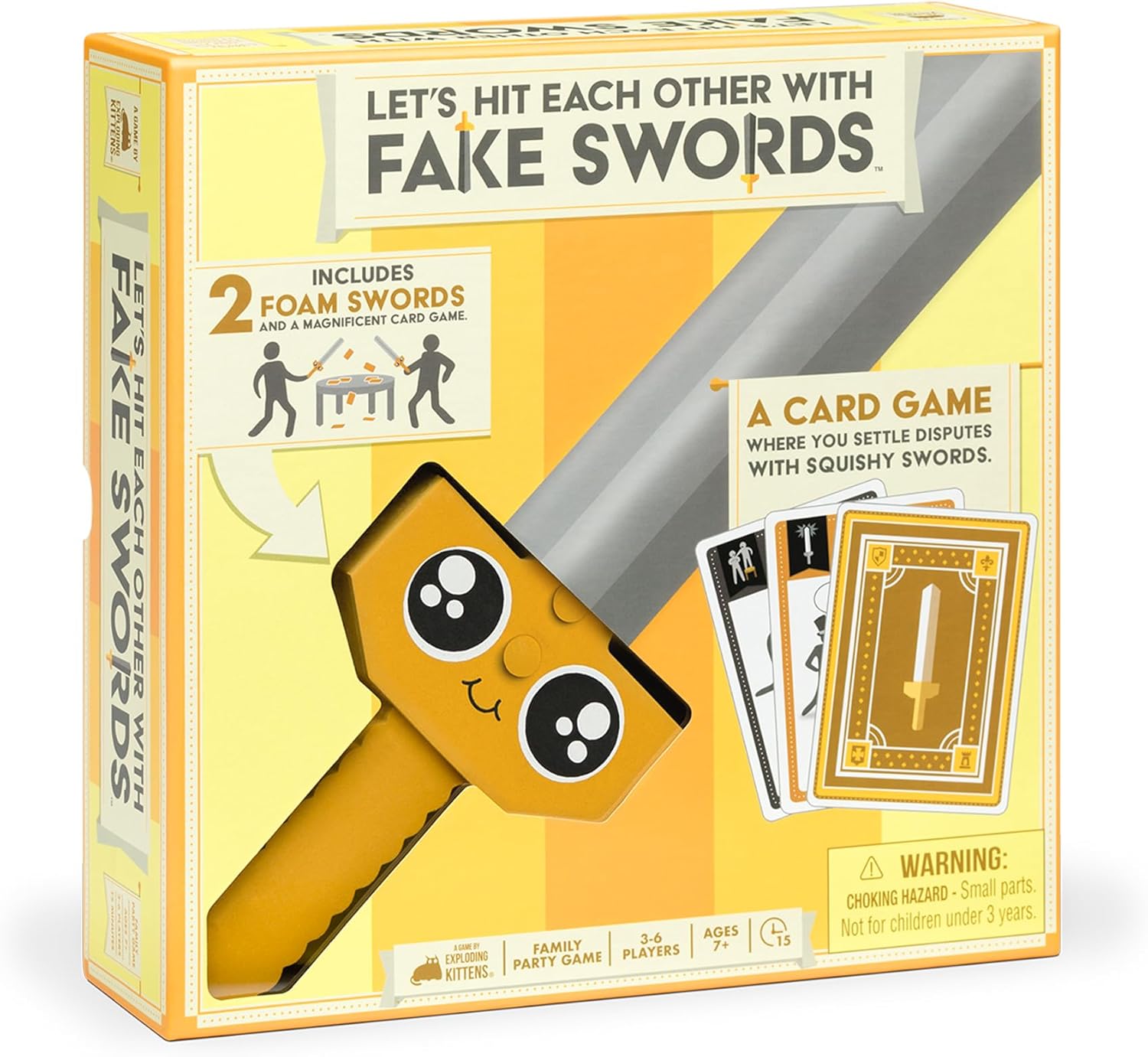 The game 'Let's Hit Each Other With Fake Swords' by Exploding Kittens features a bright yellow box. It includes two foam swords and a card game for family fun. The packaging showcases playful graphics, including smiling characters and cards displayed on the side. The game is designed for 3-6 players and is suitable for ages 7 and up, offering humorous and competitive play.