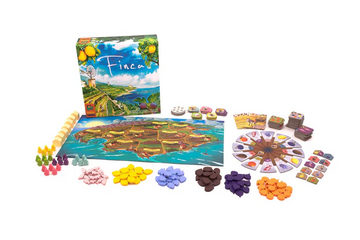 Finca board game by Pandasaurus Games, featuring a vibrant illustrated box cover, a colorful game board depicting an island, and various game components including tokens in different colors, cards, and player pieces arranged neatly around the board.