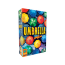 Game box for 'Umbrella' by PANDASAURUS GAMES, featuring a colorful design with various umbrellas in bright colors. The title is prominently displayed in bold letters against a vibrant background.
