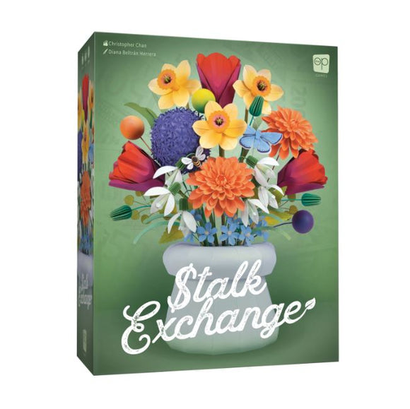 The Stalk Exchange game by USAopoly features a vibrant, illustrated front cover showcasing a colorful flower arrangement in a vase, complete with butterflies and various floral details, all set against a green background. The title '$talk Exchange' is displayed prominently in a white cursive font.