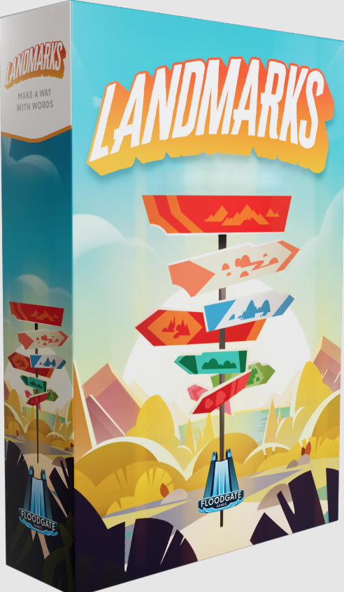 The game 'Landmarks' by Floodgate Games, featuring a vibrant box design with colorful directional signs pointing towards various landscapes and mountains. The backdrop showcases a stylized landscape with hills and trees, emphasizing the adventurous theme of the game. The title 'LANDMARKS' is prominently displayed at the top in bold letters, along with the tagline 'MAKE A WAY WITH WORDS.'