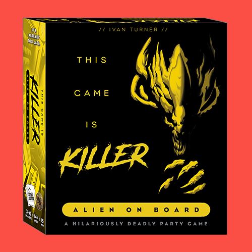 Box packaging for 'This Game Is Killer: Alien on Board' by SMIRK & DAGGER. The design features a striking black background with bold yellow text and a graphic of an alien creature, indicating a party game where players must navigate humor and strategy.