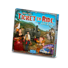 Ticket to Ride Iberia board game by Days of Wonder. The game box features vibrant illustrations of characters in traditional Iberian attire, a vintage steam train, and scenic landscapes. The title is prominently displayed at the top, inviting players into a journey through Iberia.