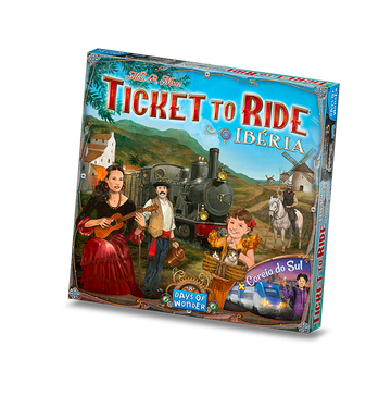 Ticket to Ride Iberia board game by Days of Wonder. The game box features vibrant illustrations of characters in traditional Iberian attire, a vintage steam train, and scenic landscapes. The title is prominently displayed at the top, inviting players into a journey through Iberia.