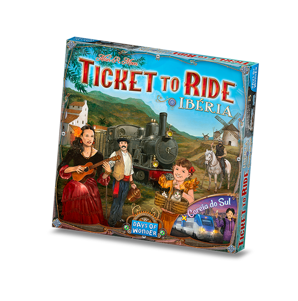 Ticket to Ride Iberia board game by Days of Wonder. The game box features vibrant illustrations of characters in traditional Iberian attire, a vintage steam train, and scenic landscapes. The title is prominently displayed at the top, inviting players into a journey through Iberia.