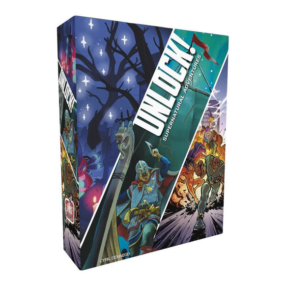 Unlock! Supernatural Adventures game by Space Cowboys features vibrant cover art depicting a variety of supernatural characters in dynamic action scenes, including warriors and mystical elements against a colorful backdrop.