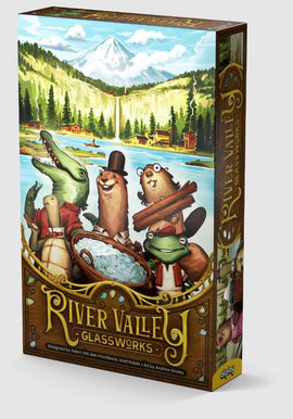 Box art of River Valley Glassworks game by Allplay, featuring whimsical animal characters like a crocodile, otters, and a frog in a scenic river valley setting with mountains and a waterfall in the background.