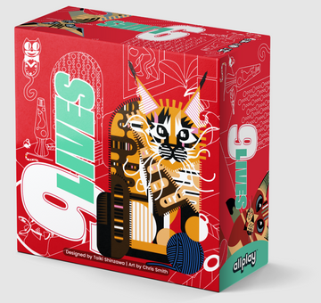 9 Lives game box designed by Taiki Shinzawa featuring vibrant illustrations of cats and playful patterns. The striking red background adds a fun touch, appealing to gamers and families alike. Ideal for game night with friends and loved ones.