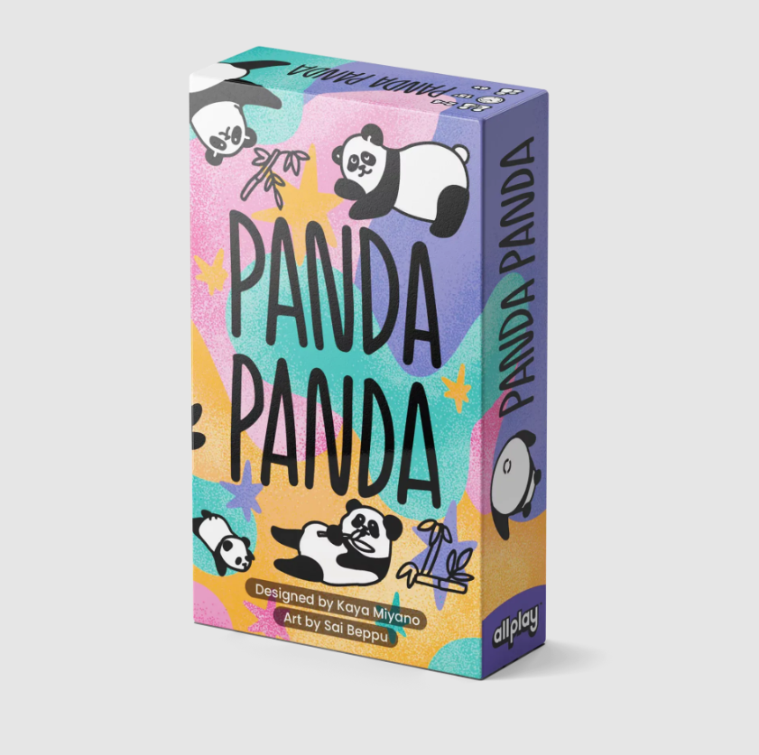 The 'Panda Panda' game box by Allplay features a colorful design with playful illustrations of pandas. The bold title 'PANDA PANDA' is prominently displayed on the front, surrounded by various panda motifs and vibrant geometric shapes. Designed by Kaya Miyano with artwork by Sai Beppu, this game promises fun and engagement for players.